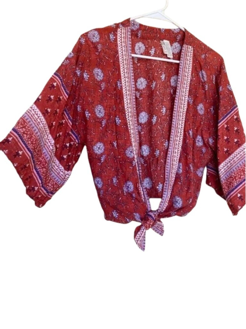 Boho Tie-Front Floral Short Kimono Type Blouse in Brick Orange/Red with Tie